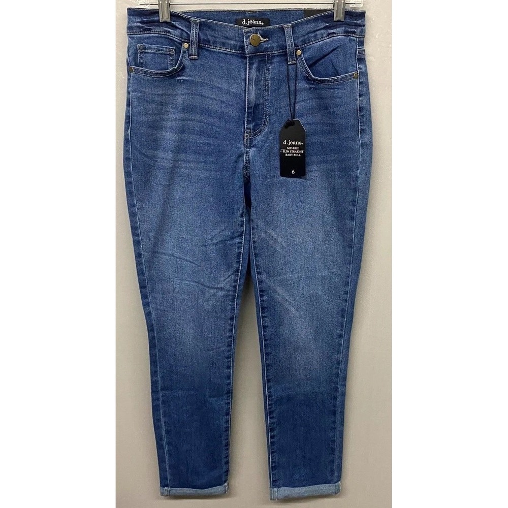 D Jeans Straight Baby Roll Women 6 Blue Whiskered Denim Cotton Mid Rise Slim Fit
